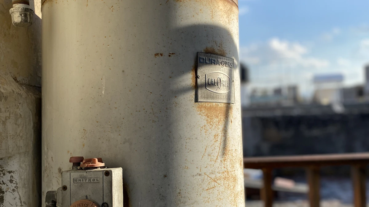 Residential water heater tank mounted outdoors against a sky backdrop