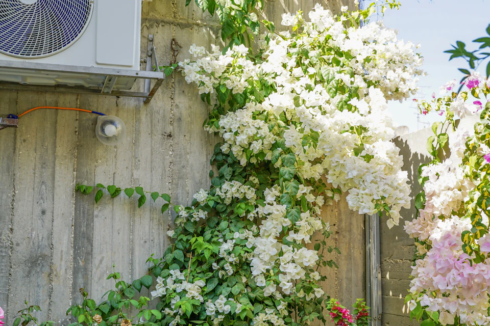 Wall-mounted HVAC condenser unit on a modern home exterior