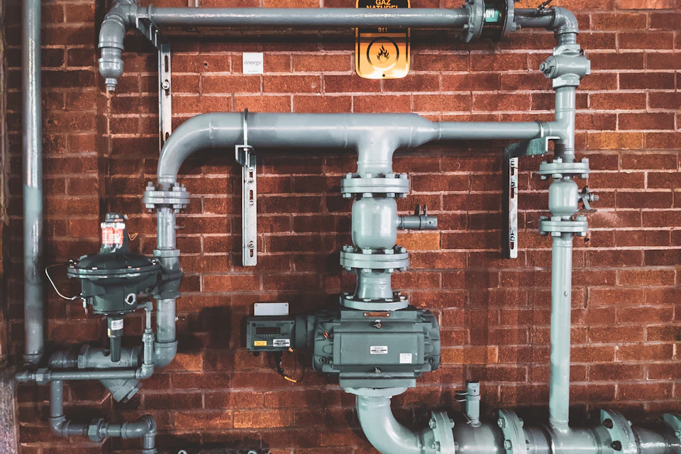 Industrial plumbing pipes and pressure regulator on a brick wall
